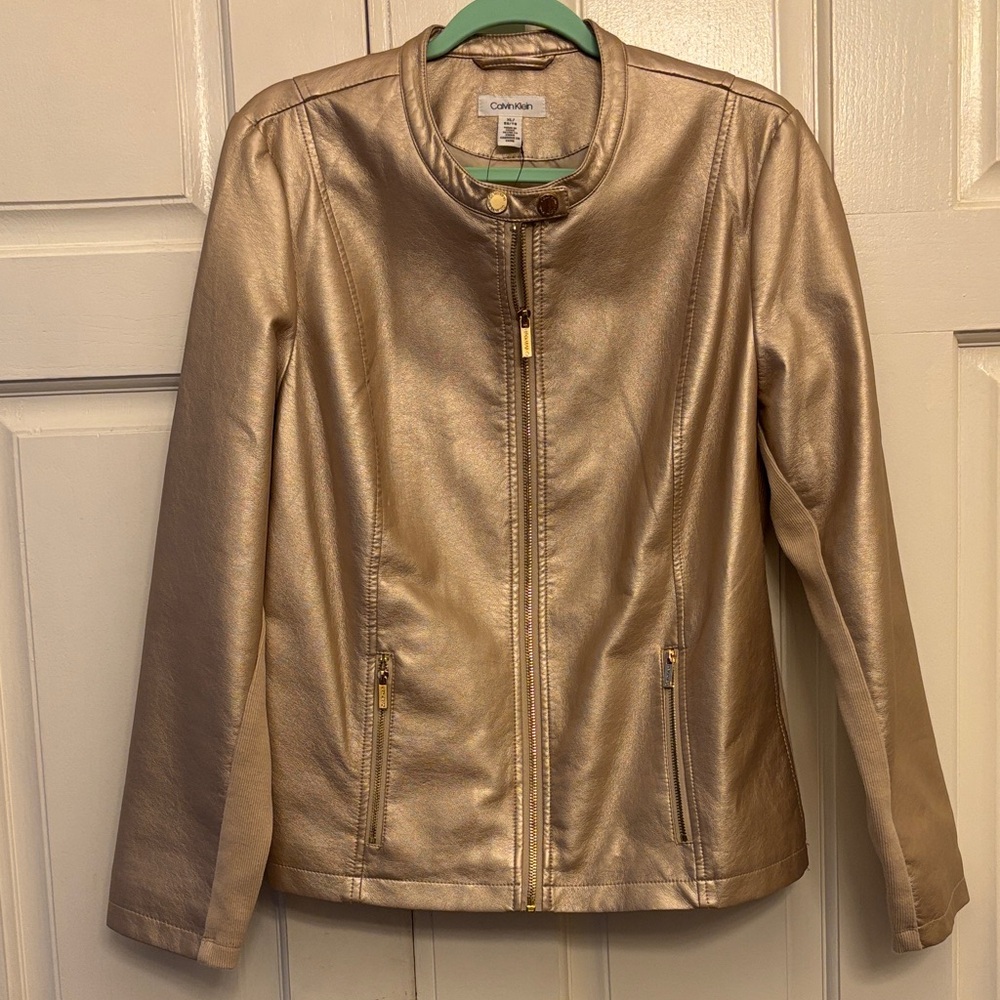 Calvin Klein women’s Faux Leather Jacket, XL. Metallic Gold. NWT.